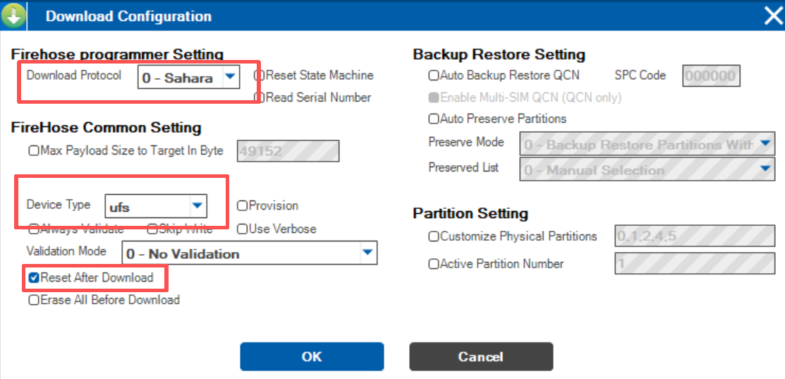 Download Configuration 窗口设置
